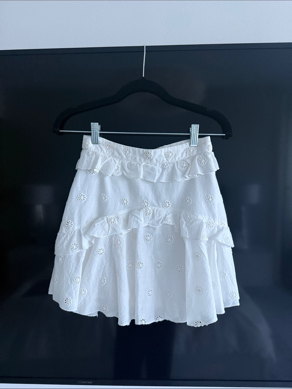 MAJORELLE White Eyelet Ruffle Mini Skirt